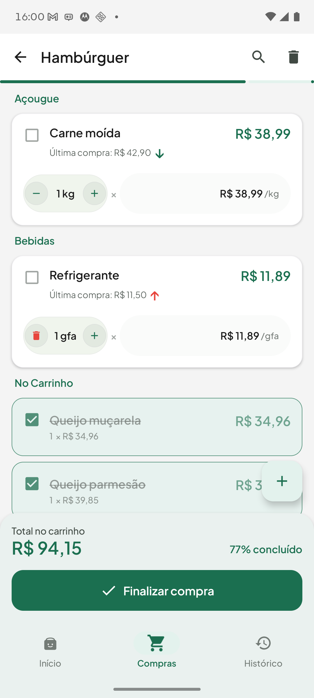 Tela do aplicativo Sacola calculando o carrinho em tempo real